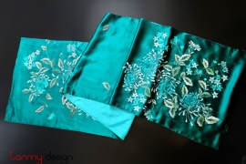 Blue silk scarf hand-embroidered with the bunch of chrysanthemums 40*200 cm